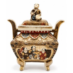 Miniature Satsuma Ceramic Koro Incense Burner with Lid, Meiji Period, 14 cm