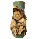Large, monumental polychrome ceramic vase with a relief depicting a rural scene, 50 cm