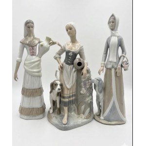 Lotto di tre sculture in porcellana Country Lass (Lladrò) e figure rurali spagnole cm 35 circa