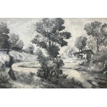 Oil painting on canvas depicting a rural landscape featuring a prominent tree in the center; canvas size: 48 x 68 cm.