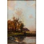 Oil painting on panel, "Autumn Landscape with a Cottage and a Stream" - Signed - 19th/20th Century, 31x20 cm