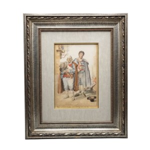 Watercolor drawing on paper, Bagpipers in Concert—19th century, 52x42 cm with frame. Bagpipers from Abruzzo, playing a novena to the Virgin during Lent—1827