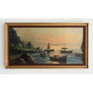 Oil painting on canvas, Seascape at Sunset with Fishermen, signed in the lower right corner—100x50 cm