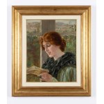 Oil painting on canvas, "Young Woman Reading" — Signed at the bottom; canvas measures 37.5 x 30.8, with frame approximately 51 x 42 cm