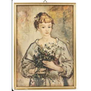Mixed media on paper, Young Girl with a Bouquet of Flowers - Ugo Lombardo (20th century)