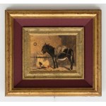 Oil painting on wood panel, "Harnessed Mule with Rooster"—early 20th century; indecipherable signature; panel dimensions: 30x24 cm