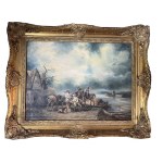 Oil painting on panel, "Genre Scene with Figures and Horses" - Signed - 19th/20th Century