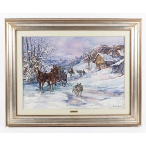 Oil painting on canvas, Winter Scene with a Horse-Drawn Carriage and Wolves - Vera Sobotka - 20th Century