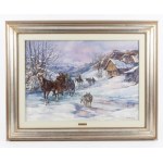 Oil painting on canvas, "Winter Scene with a Horse-Drawn Carriage and Wolves" - Vera Sobotka - 20th Century