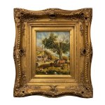 Oil painting on wood, "Rural Scene with a Watering Hole and an Inn" - 19th Century