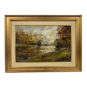 Dipinto olio su tela Paesaggio autunnale con architettura e specchio d'acqua - cm 44x28