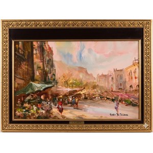 Giulio De Simone, Market Scene in an Italian City, oil on panel, mid-20th century, 60x50 cm
