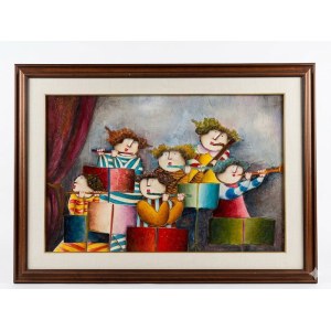 Dipinto contemporaneo, probabilmente eseguito ad acrilico o olio su tela, raffigurante un gruppo di sei figure CM 70X50