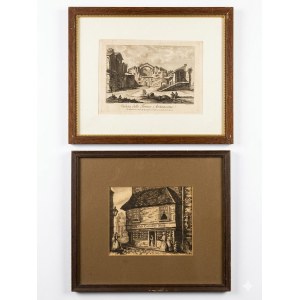 Set of two monochrome engravings, framed, approximately 30x40 cm