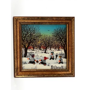 Naïve-style winter landscape painting by B. Benatti, 15x15 cm