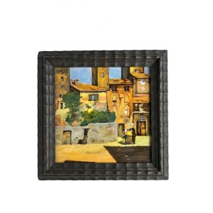 Gerahmtes Gemälde mit einer italienischen Architekturszene und Figuren auf einer glasierten Terrakottafliese, ca. 20 x 18 cm