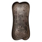 Japanese metal tray from the Meiji period, decorated with bamboo and sparrows; approximately 19 cm