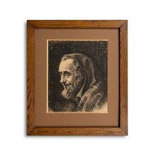 Charcoal drawing with highlights in white lead on colored paper; academic study of a bearded man's head, 40x30 cm