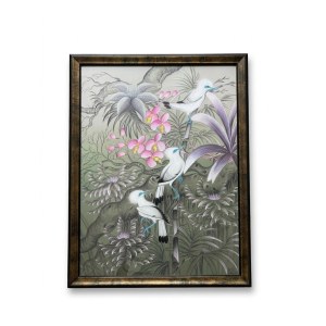 Dewa Putu Tundus (Indonesier, geb. 1968), „Stare aus Bali zwischen Blumen und tropischem Laub“ (signiert), 60 × 70 cm