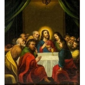 Sacred painting, *The Last Supper*, oil on panel, 17x14.5 cm, antique gilded frame, 17x14.5 cm (frame dimensions: 28x26 cm)