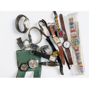 Eine Auswahl verschiedener Armbanduhren, darunter Modelle von Swatch, Yuncal und Montine