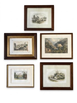 Lotto di stampe calcografiche del XIX secolo con vedute paesaggistiche e architettoniche