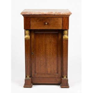 Mobiletto a colonna in stile Impero con piano in marmo Legno impiallacciato in mogano, applicazioni in bronzo dorato