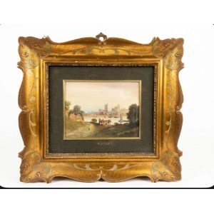 Obraz zachycující pohled na pobřežní vesnici s čluny. Olej na dřevěné desce, podepsán Tassinari v levém dolním rohu, rozměry 13 × 16 cm