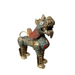 Tibetan Guardian Lion Sculpture, Bronze with Turquoises and Corals, 18x17 cm, Nepalese Style