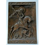 Wooden bas-relief titled “St. George on Horseback Fighting a Dragon” — Zygmunt Walkowski — Warsaw — 1982