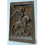 Wooden bas-relief titled “St. George on Horseback Fighting a Dragon” — Zygmunt Walkowski — Warsaw — 1982