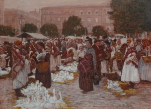 Johann Nepomuk Geller (1860 Wiedeń - 1954 Weißenkirchen in der Wachau), Targ - Gęsi - Motyw z Krakowa