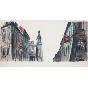 Jan Marcin Szancer (1902 Kraków-1973 Warszawa), Na ulicy Czterech Wiatrów - Ilustracja do książki Baśni o stalowym jeżu Jana Brzechwy