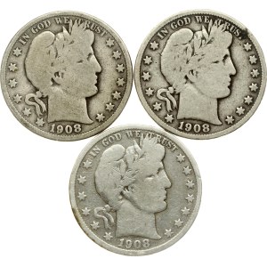 USA Barberův půl dolar z roku 1908, sada 3 mincí