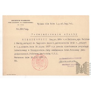II RP Poświadczenie Służby Żołnierza Legionów Polskich - Beliniacy 1 Pułk Ułanów Legionów - Archiwum Wojskowe 1937