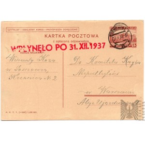 II RP Karta Pocztowa Komitet Krzyża i Medalu Niepodległości - Sosnowiec, Warszawa 1937