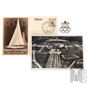 XXw/Niemcy: Igrzyska Olimpijskie Berlin 1936, Zestaw: Odznaka + 2 Karty Pocztowe/ III Rzesza/ Olimpiada