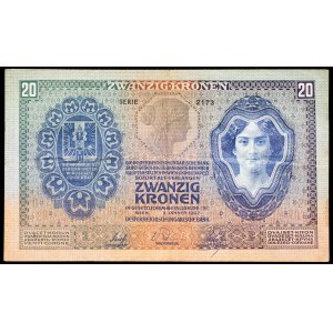 20 kronen / “green, red, and blue” korona, January 2, 1907.
