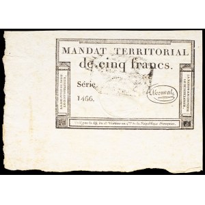 5-franc territorial note with a black stamp dated 28 Ventôse, Year 4 (March 18, 1796).