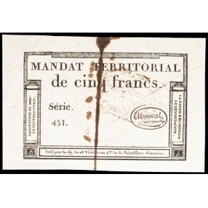5-franc territorial payment order with a red stamp dated 28 Ventôse, Year 4 (March 18, 1796).