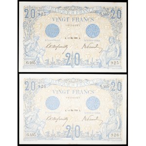 Lot (2) - 20 francs type “bleu” avec numéros consécutifs 1er mai 1906.