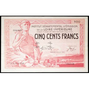 500 francs SPECIMEN CANCELLED - Loire-Inférieure Departmental Issuing Office, Nantes, June 24, 1940.