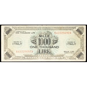 Modified “black and blue” 1,000 lire note, printed in the U.S. — Allied Military Currency, 1943.