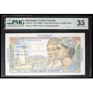 5-franc overprinted stamp on a 500-franc “Pointe-à-Pitre” stamp—Caisse centrale de la France d’outre-mer ND (1960).