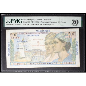 5-franc overprinted stamp on a 500-franc “Pointe-à-Pitre” stamp—Caisse centrale de la France d’outre-mer ND (1960).