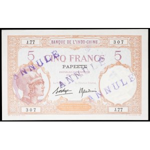 5 francs, Walhain type, CANCELLED SPECIMEN - Bank of Indochina, no date (1936–1940).