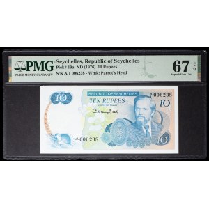 10 rupees type “pirogues traditionnelles” avec le portrait du président Sir James Mancham ND (1976).