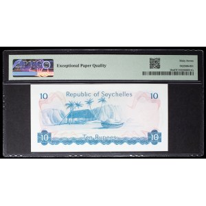 10 rupees type “pirogues traditionnelles” avec le portrait du président Sir James Mancham ND (1976).