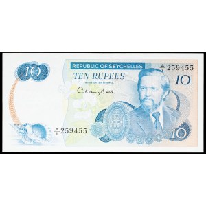 10-rupee notes featuring “traditional canoes” with the portrait of President Sir James Mancham ND (1976).