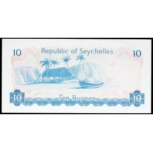 10-rupee notes featuring “traditional canoes” with the portrait of President Sir James Mancham ND (1976).